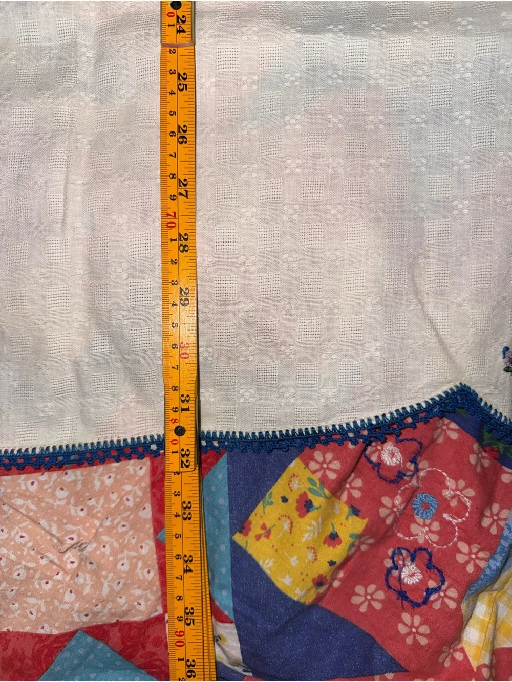 Embroidered White Cotton Tablecloth with Navy Scalloped Edge